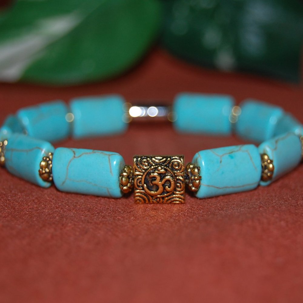 Om Bracelet,Turquoise Long Beads,Magnetic Clasp Bracelet,Yoga Bracelet